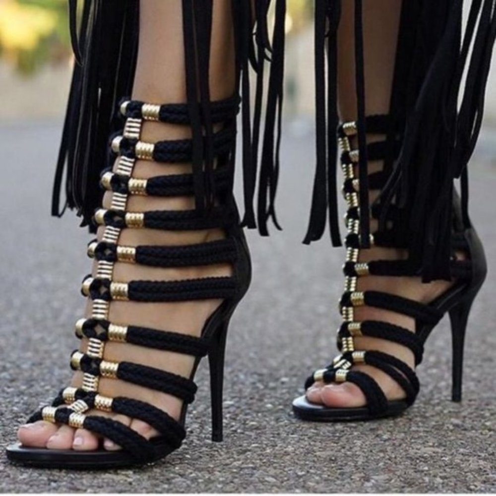 FSJ Blackand Gold Strappy Sandals OpenToe Stiletto